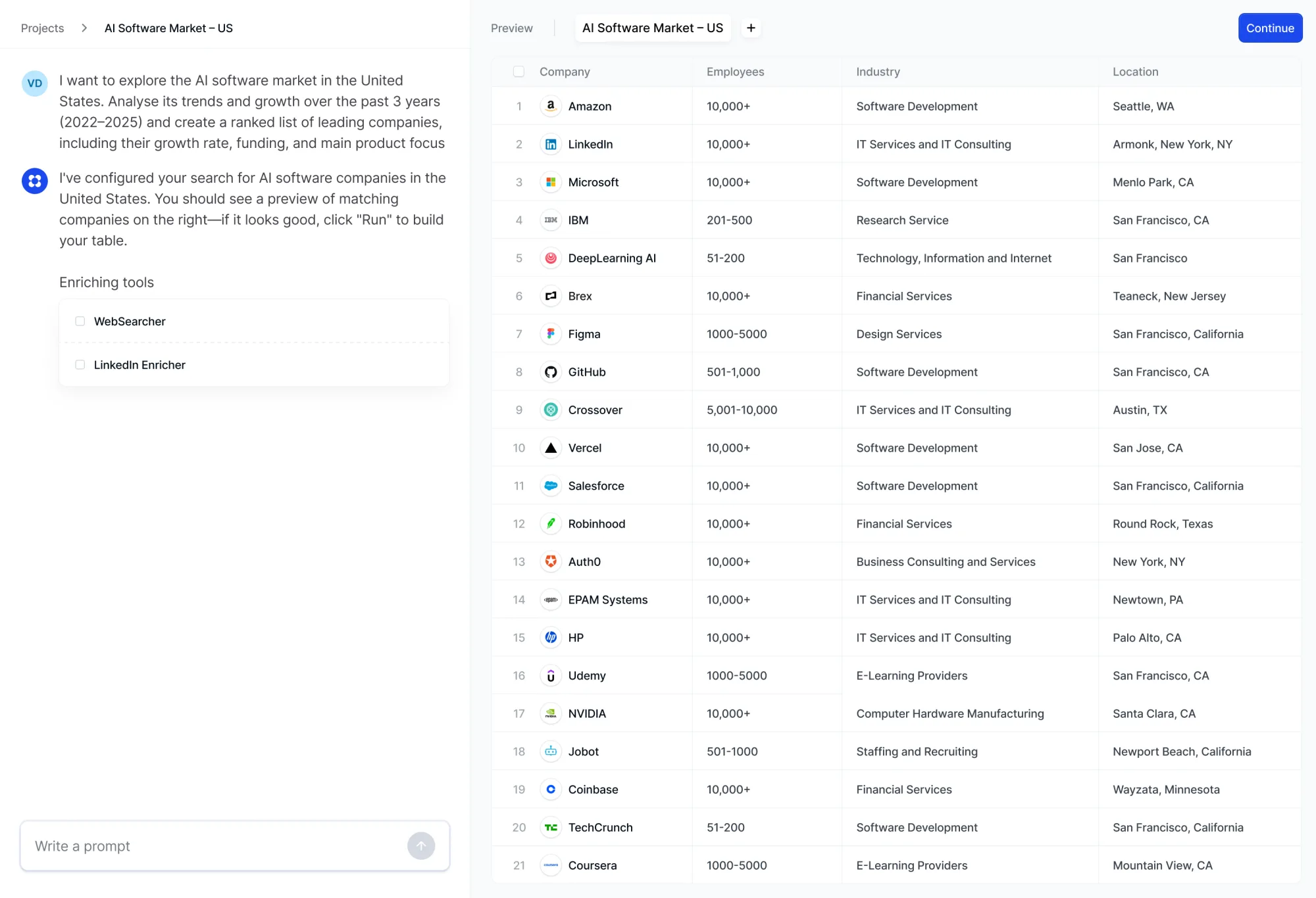 Hilbert conversational search with live table preview