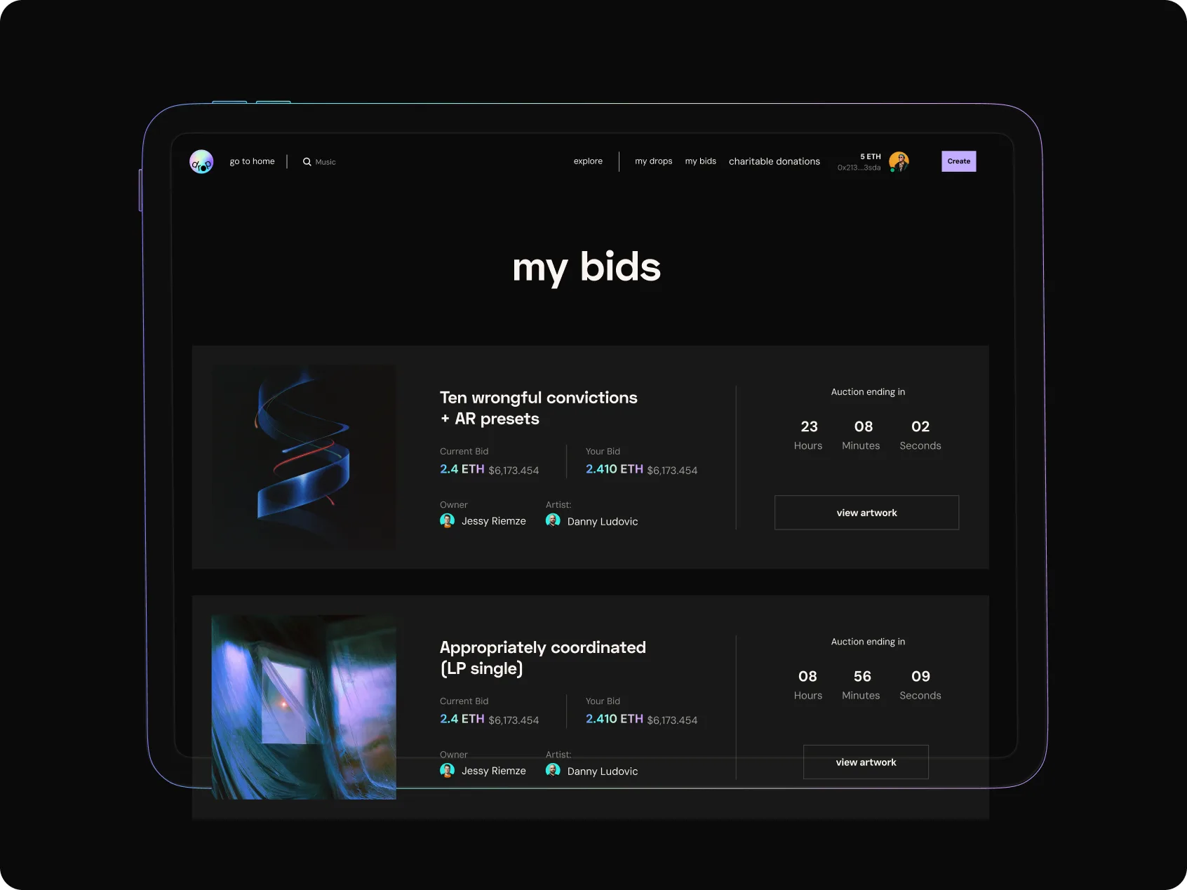 My bids dashboard with live auction timers