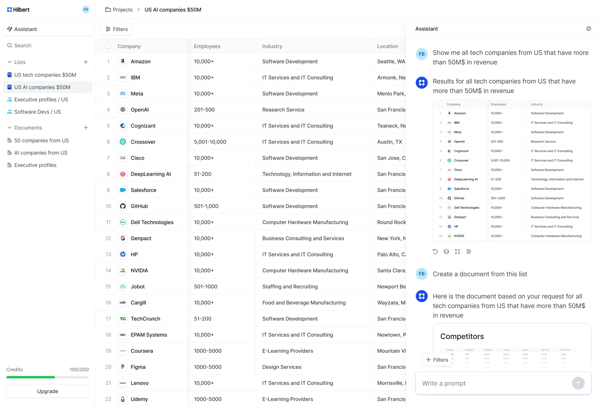 Hilbert list view with AI assistant panel